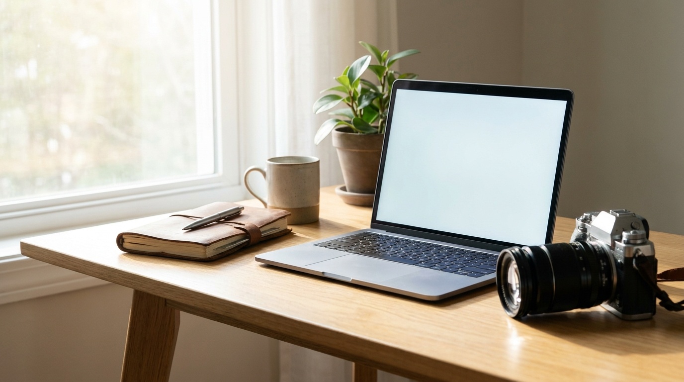 A clean, minimalist desk setup with a laptop, camera, notebook, pen, and a potted plant, bathed in natural light from a window. The laptop screen is blank, and 